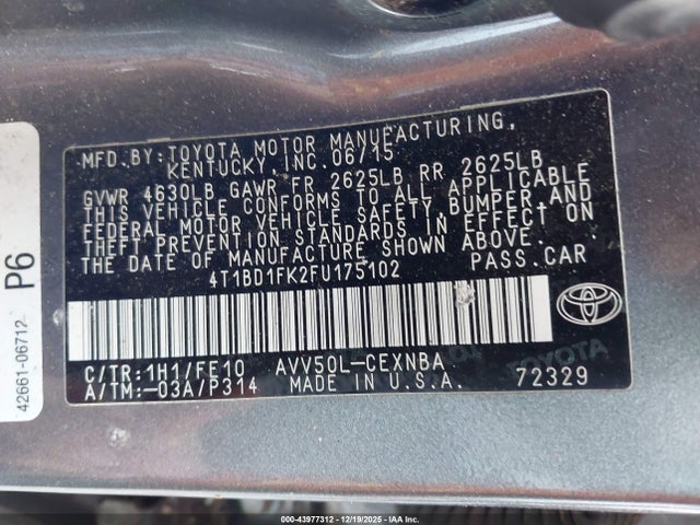 Aukcja sprzedaży 2015 Toyota Camry Hybrid Le, vin: 4T1BD1FK2FU175102, numer aukcji: 43977312