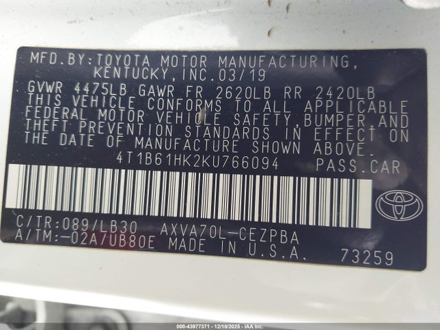 4T1B61HK2KU766094 Toyota CAMRY XSE
