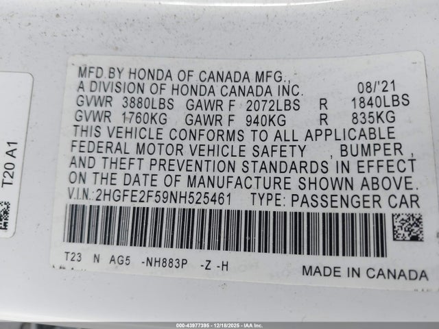 2HGFE2F59NH525461 Honda Civic Sport