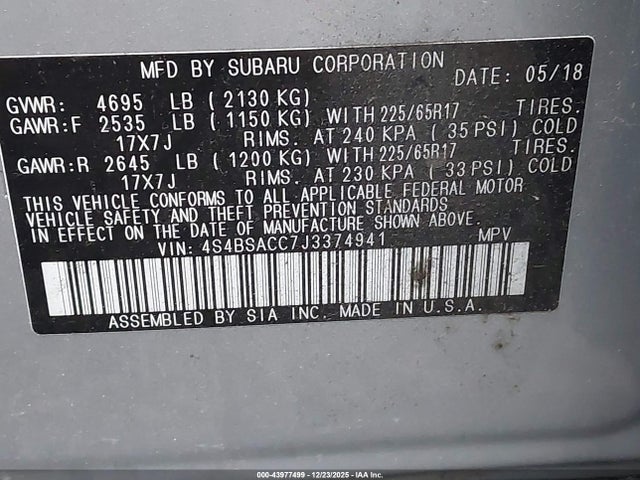 Subaru Outback 2.5i Premium 2018 4S4BSACC7J3374941 Image 9