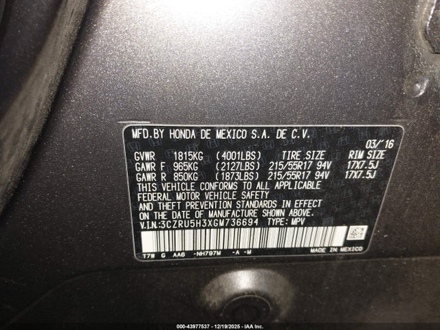 3CZRU5H3XGM736694 Honda HR-V LX