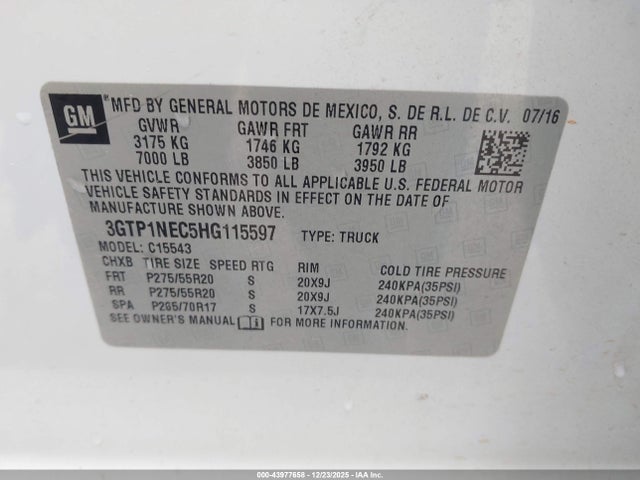 2017 Gmc Sierra 1500 Slt მანქანა იყიდება აუქციონზე, vin: 3GTP1NEC5HG115597, აუქციონის ნომერი: 43977658
