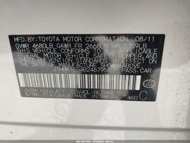 Aukcja sprzedaży 2011 Lexus Es 350, vin: JTHBK1EG4B2467958, numer aukcji: 43977694