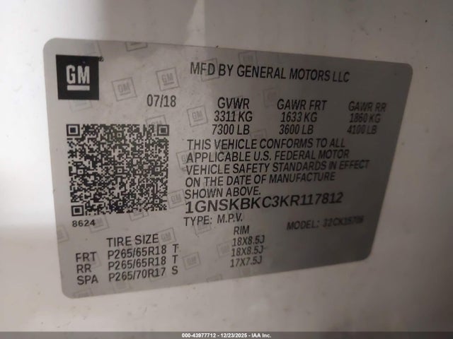 Aukcja sprzedaży 2019 Chevrolet Tahoe Lt, vin: 1GNSKBKC3KR117812, numer aukcji: 43977712