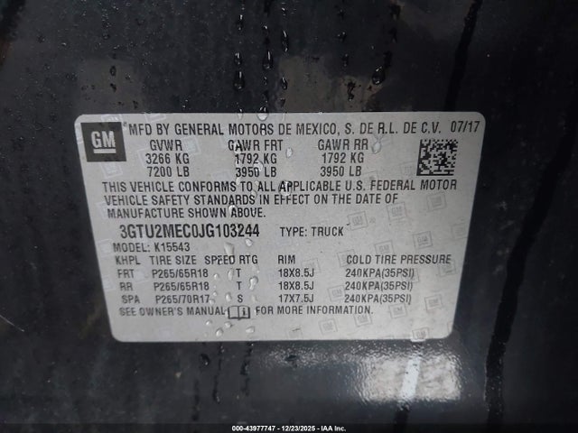 Aukcja sprzedaży 2018 Gmc Sierra 1500 Sle, vin: 3GTU2MEC0JG103244, numer aukcji: 43977747