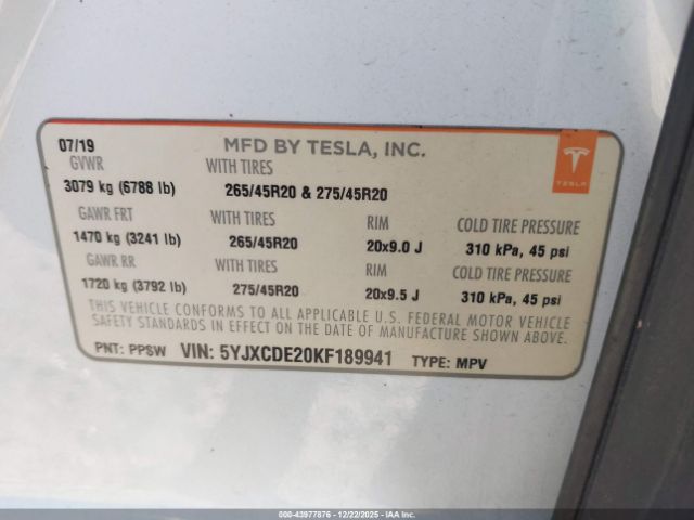 2019 TESLA MODEL X 5YJXCDE20KF189941 Photo 8