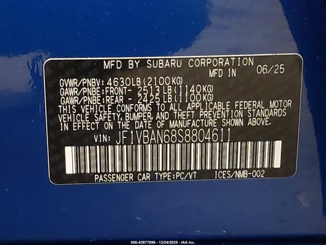 2025 Subaru Wrx Limited მანქანა იყიდება აუქციონზე, vin: JF1VBAN68S8804611, აუქციონის ნომერი: 43977896