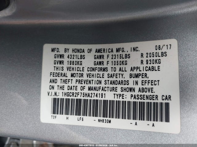 1HGCR2F75HA274191 Honda ACCORD EX