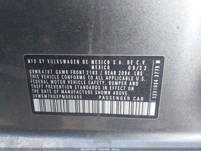 43977935 :رقم المزاد ، 3VW5M7BUXPM005455 vin ، 2023 Volkswagen Jetta 1.5t S مزاد بيع