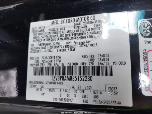 2011 FORD MUSTANG 1ZVBP8AM8B5152230 Photo 8