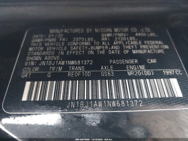 Aukcja sprzedaży 2022 Nissan Rogue Sport S, vin: JN1BJ1AW1NW681372, numer aukcji: 43978090