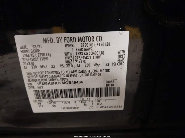 1FM5K8HC2MGB49466 Ford Explorer Platinum