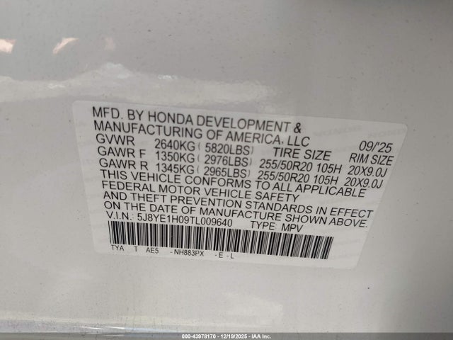43978170 :رقم المزاد ، 5J8YE1H09TL009640 vin ، 2026 Acura Mdx A-spec مزاد بيع