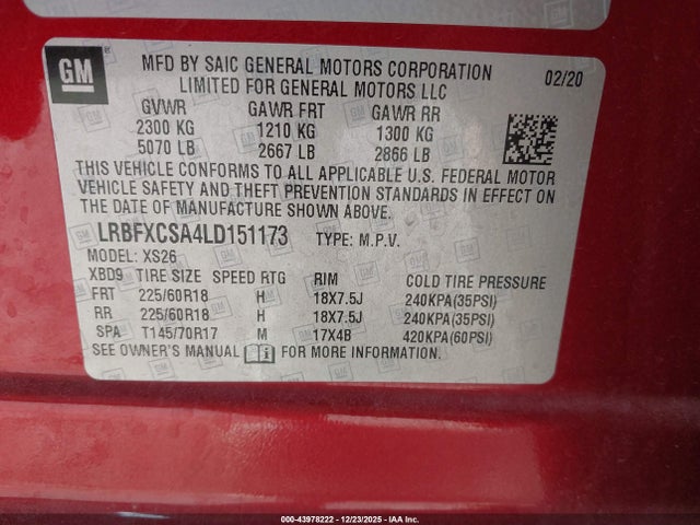 43978222 :رقم المزاد ، LRBFXCSA4LD151173 vin ، 2020 Buick Envision Fwd Essence مزاد بيع