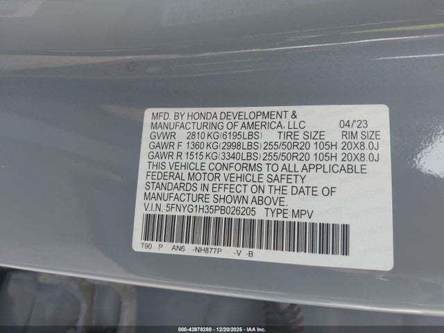 5FNYG1H35PB026205 Honda Pilot Awd Sport