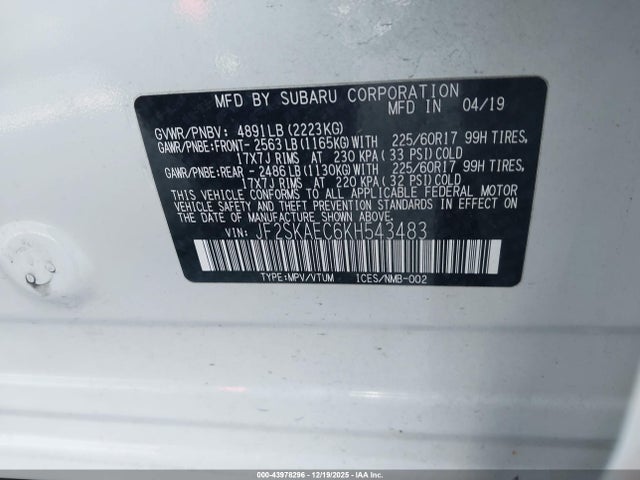 Aukcja sprzedaży 2019 Subaru Forester Premium, vin: JF2SKAEC6KH543483, numer aukcji: 43978296