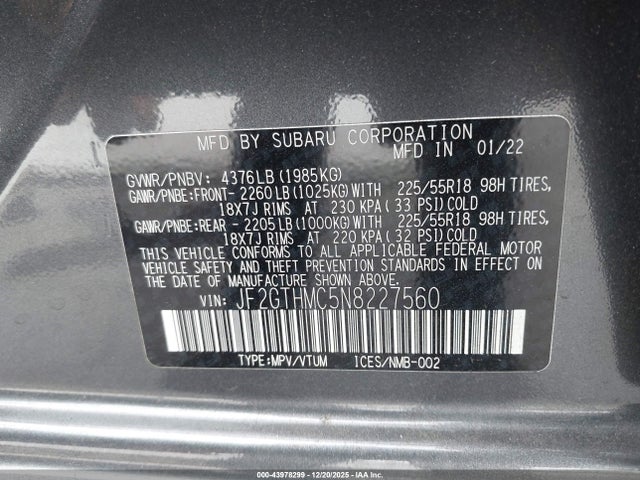 Aukcja sprzedaży 2022 Subaru Crosstrek Limited, vin: JF2GTHMC5N8227560, numer aukcji: 43978299
