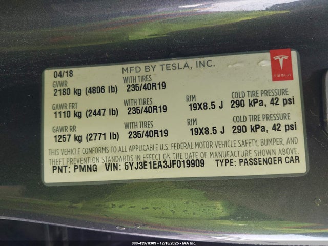 2018 TESLA MODEL 3 5YJ3E1EA3JF019909 Photo 8