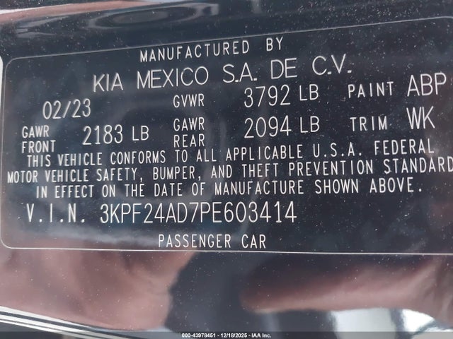 3KPF24AD7PE603414 KIA Forte Lxs
