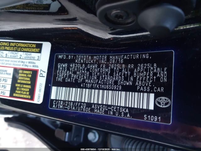 2017 TOYOTA CAMRY 4T1BF1FK1HU650929 Photo 8