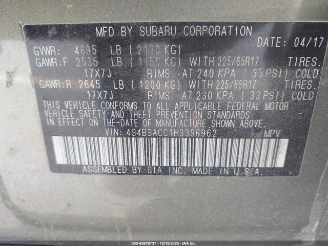 Продаж на аукціоні авто 2017 Subaru Outback 2.5i Premium, vin: 4S4BSACC1H3396962, номер лоту: 43978737