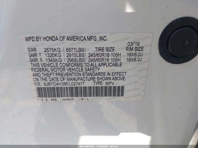 Aukcja sprzedaży 2019 Acura Mdx Standard, vin: 5J8YD4H38KL027477, numer aukcji: 43978754