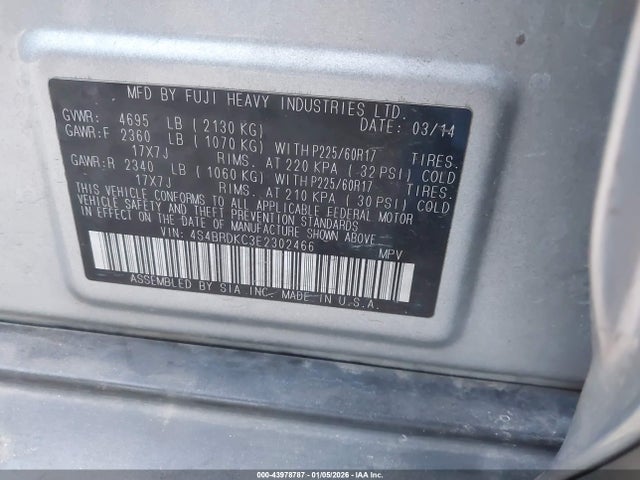 43978787 :رقم المزاد ، 4S4BRDKC3E2302466 vin ، 2014 Subaru Outback 3.6r Limited مزاد بيع