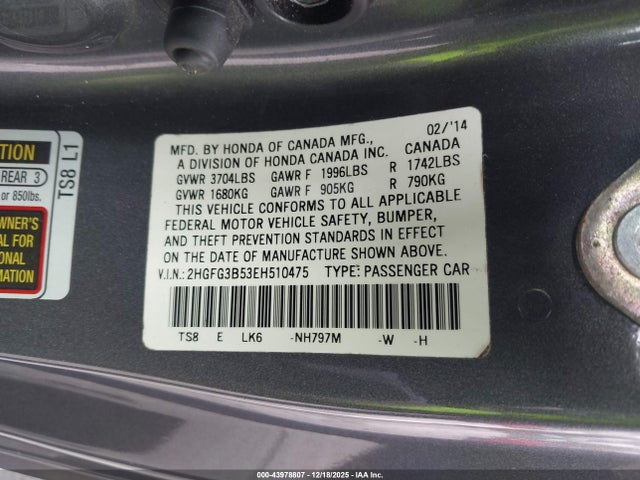 43978807 :رقم المزاد ، 2HGFG3B53EH510475 vin ، 2014 Honda Civic Lx مزاد بيع