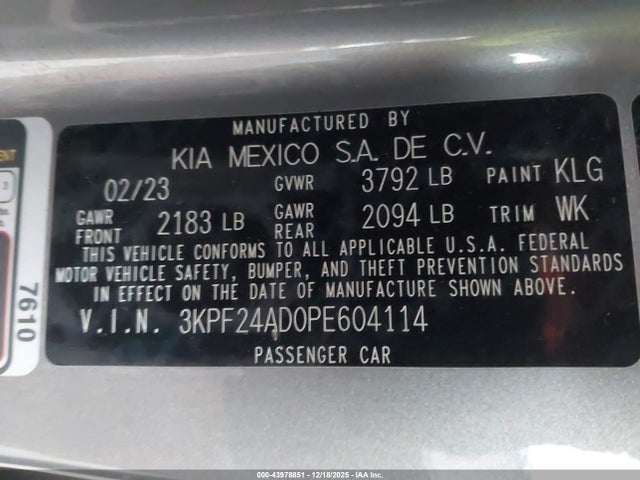 3KPF24AD0PE604114 KIA Forte Lxs