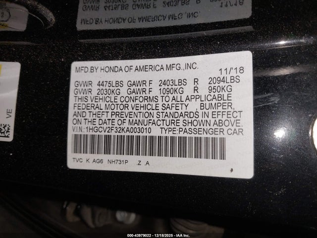 1HGCV2F32KA003010 Honda Accord Sport 2.0t