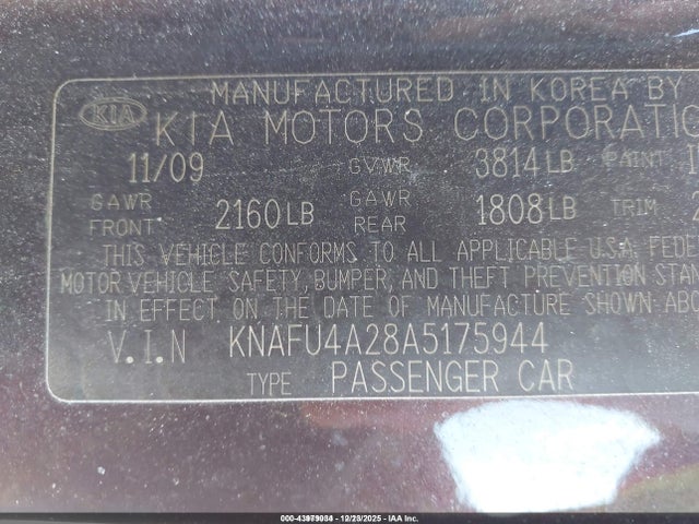 2010 Kia Forte Ex მანქანა იყიდება აუქციონზე, vin: KNAFU4A28A5175944, აუქციონის ნომერი: 43979034