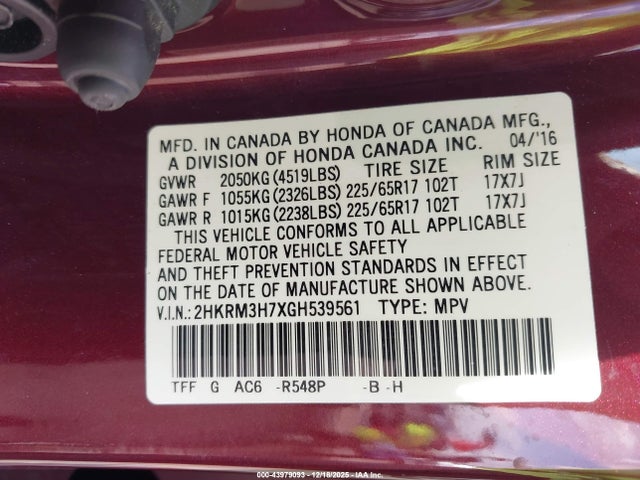 43979093 :رقم المزاد ، 2HKRM3H7XGH539561 vin ، 2016 Honda Cr-v Ex-l مزاد بيع