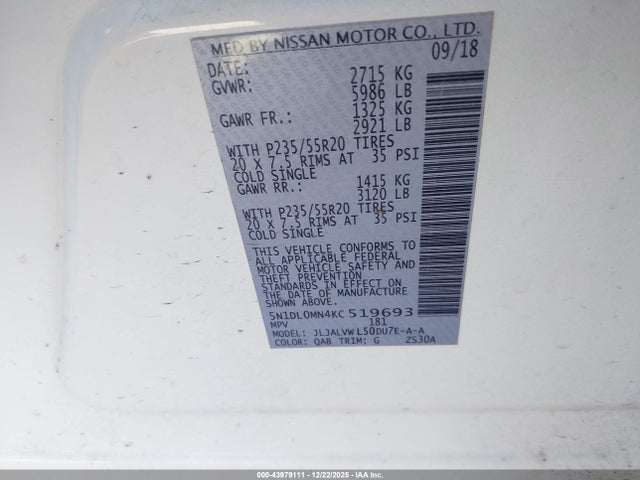 Продаж на аукціоні авто 2019 Infiniti Qx60 Luxe, vin: 5N1DL0MN4KC519693, номер лоту: 43979111
