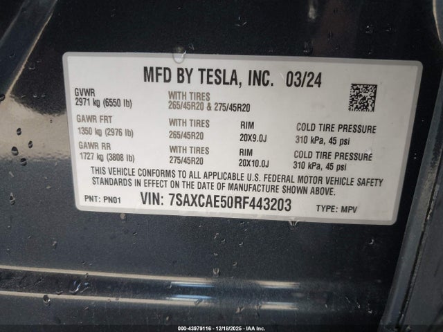 43979116 :رقم المزاد ، 7SAXCAE50RF443203 vin ، 2024 Tesla Model X Long Range مزاد بيع