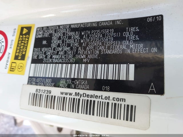 2010 Lexus Rx 350 მანქანა იყიდება აუქციონზე, vin: 2T2ZK1BA0AC035363, აუქციონის ნომერი: 43979176