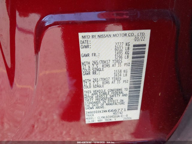 1N6ED1EK1NN666771 Nissan Frontier Pro-4x 4x4