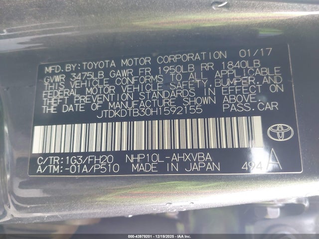 JTDKDTB30H1592155 Toyota Prius C One