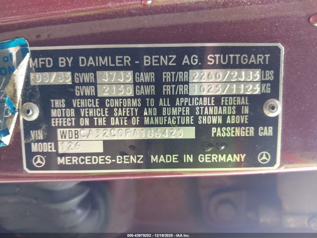 1985 MERCEDES-BENZ 380 WDBCA32C0FA186420 Photo 8
