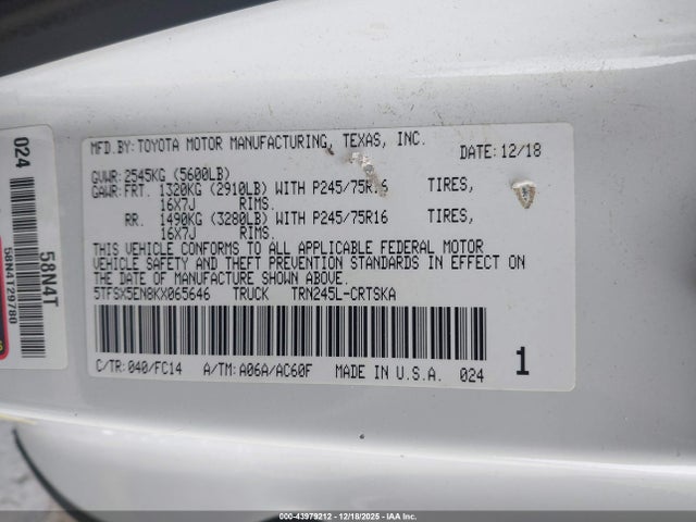 5TFSX5EN8KX065646 Toyota Tacoma Sr5