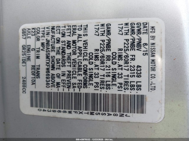 JN8AS5MTXFW669340 Nissan Rogue Select S