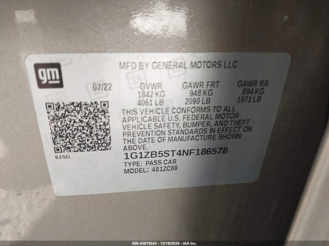 1G1ZB5ST4NF186578 Chevrolet Malibu Fwd Ls