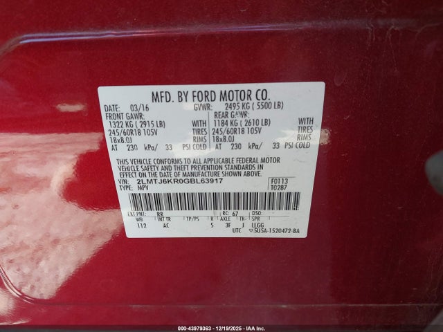 2LMTJ6KR0GBL63917 Lincoln Mkx Select