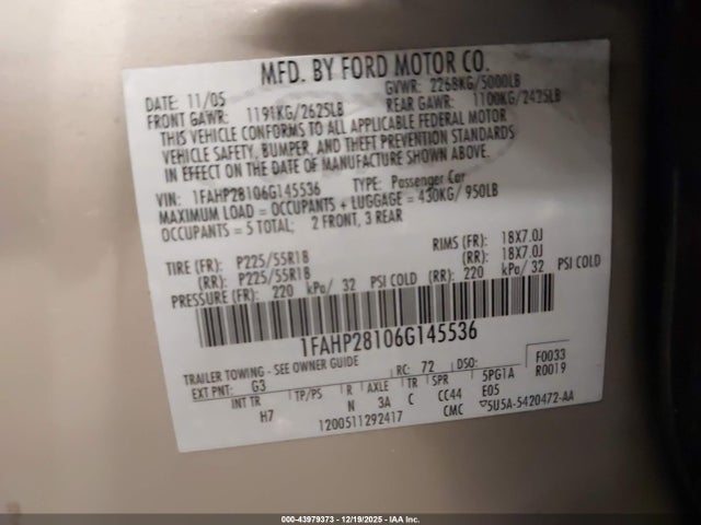 2006 FORD FIVE HUNDRED 1FAHP28106G145536 Photo 8