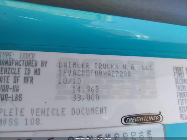 43979395 :رقم المزاد ، 1FVACXDT0BHAZ7298 vin ، 2011 Freightliner M2 106 Medium Duty مزاد بيع