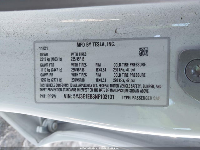 2022 TESLA MODEL 3 5YJ3E1EB3NF103131 Photo 8