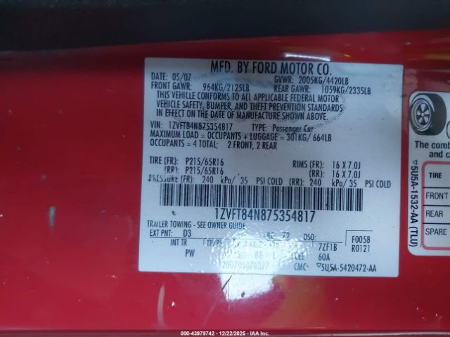 2007 FORD MUSTANG 1ZVFT84N875354817 Photo 8