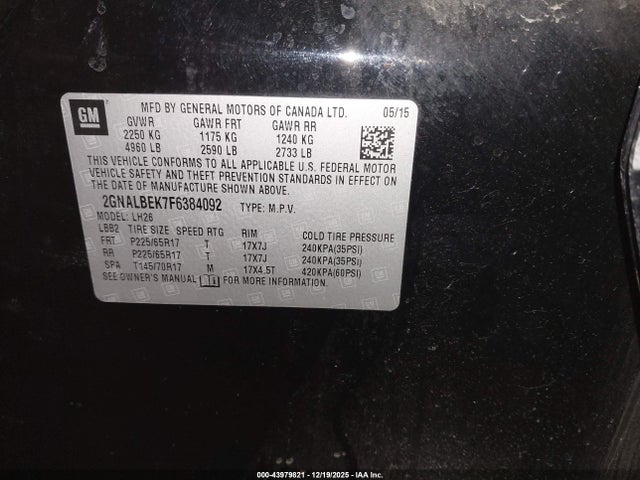 Chevrolet EQUINOX 1LT 2015 2GNALBEK7F6384092 Image 9