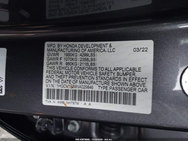 1HGCV1F59NA029846 Honda Accord Ex-l