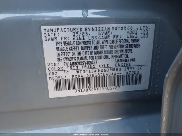 43979893 :رقم المزاد ، 3N1AB8CVXSY405427 vin ، 2025 Nissan Sentra Sv مزاد بيع
