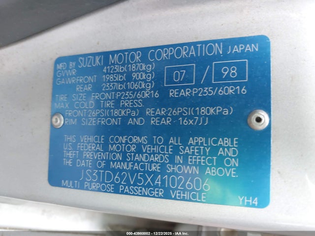 1999 SUZUKI GRAND VITARA JS3TD62V5X4102606 Photo 8